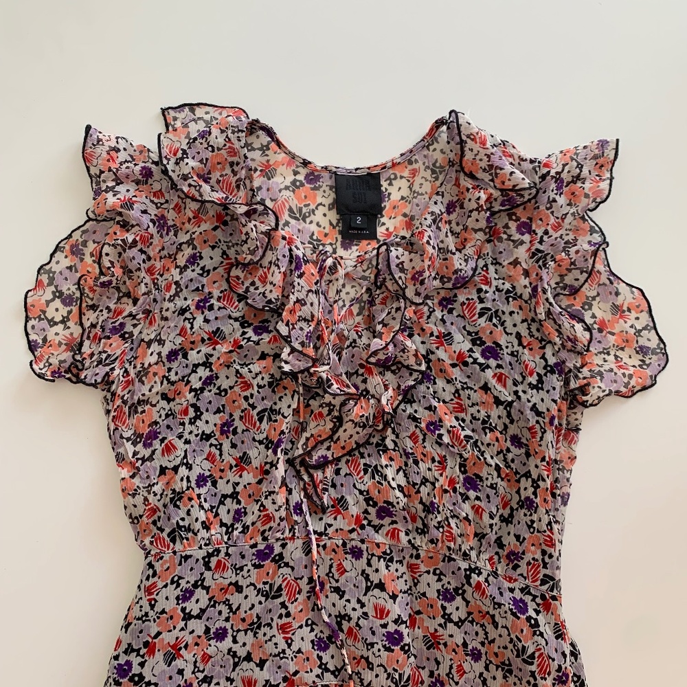 Anna Sui silk floral dress with ruffles and sheer skirt